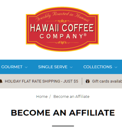 Screen shot of affiliate page for Hawaii Coffee Company used for review