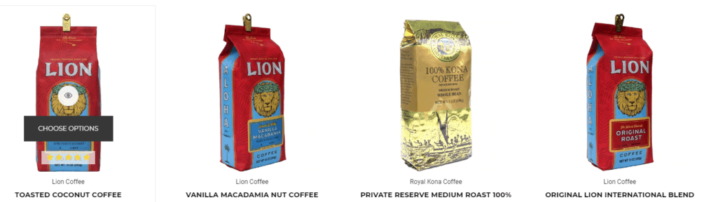 Hawaii Coffee Screenshot showing an example of their products