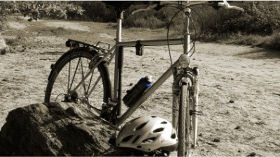 bike helmet on a log