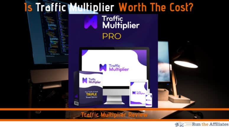 monitors on a table behind the traffic multiplier logo