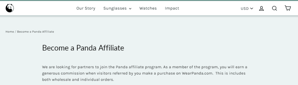 panda sunglasses affiliate screenshot