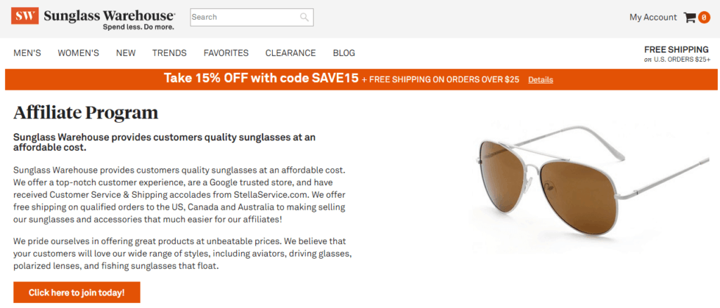 sunglass warehouse screenshot for partner program