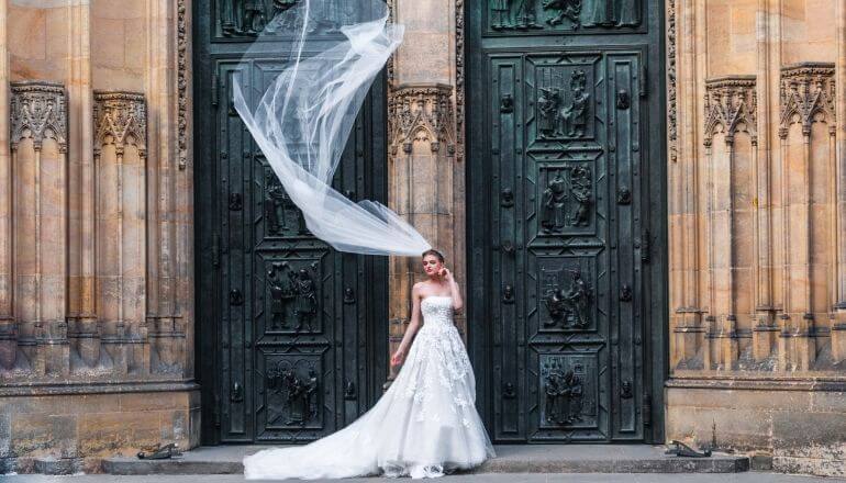 wedding dress blowing in wind