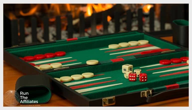 backgammon set with dice on the board