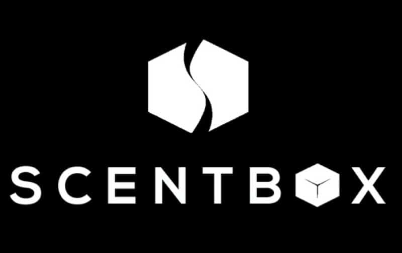 screenshot of the scentbox logo white text on a black background