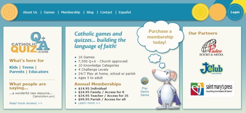 catholicquiz.com screenshot featuring a cartoon mouse in a cape