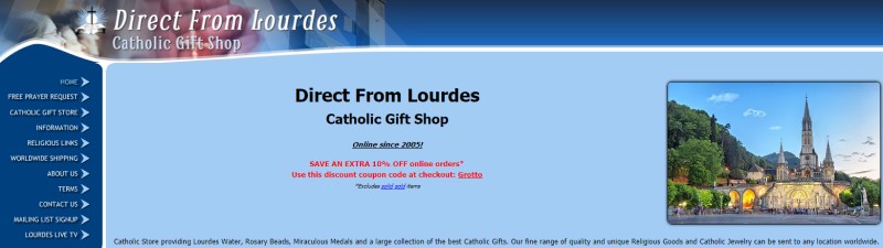 screenshot of the direct from lourdes light blue background with dark blue bordering it and a picture of a cathedral