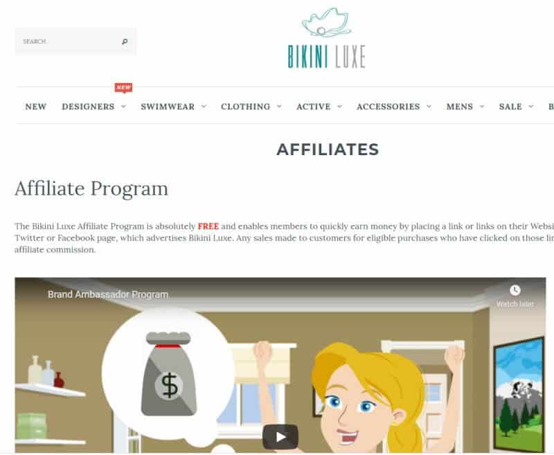 screenshot of the bikini luxe affiliate program website