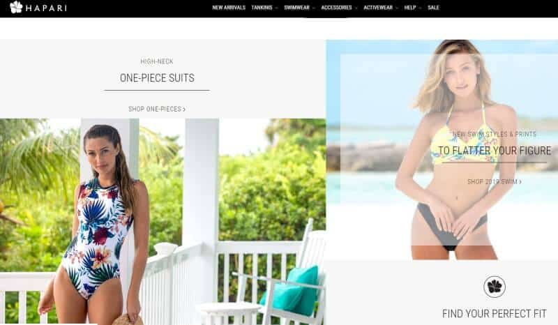 Screenshot of the Hapari website with 2 women modelling swimsuits