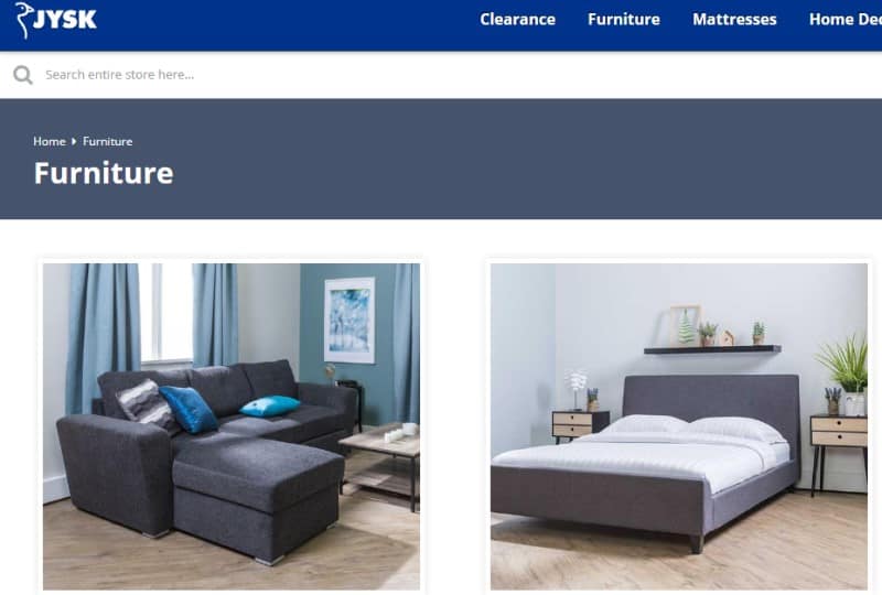 screenshot of the Jysk website featuring some of their furniture products