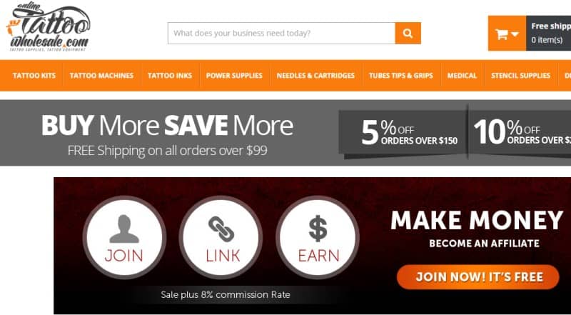 screenshot of the Online Tattoo Wholesale Affiliate Program webpage featuring information on their program