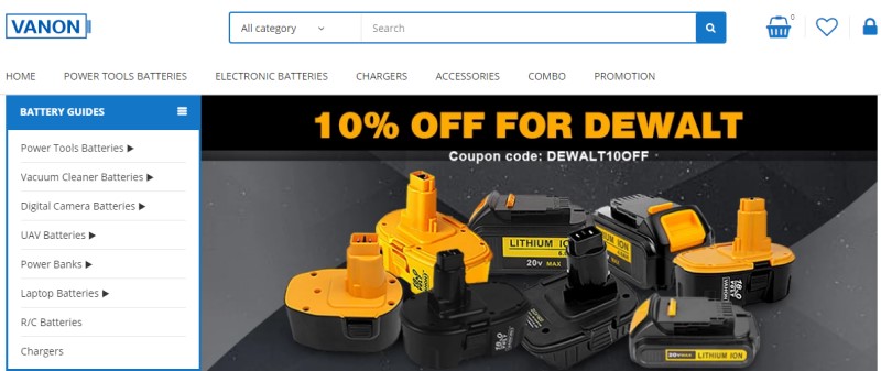 vanon batteries website screenshot with image of Dewalt bateries