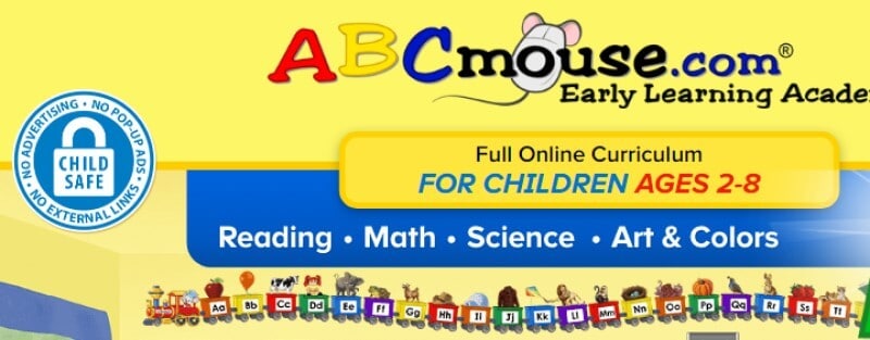 screenshot of the abcmouse website with a yellow background and a blue banner across the middle