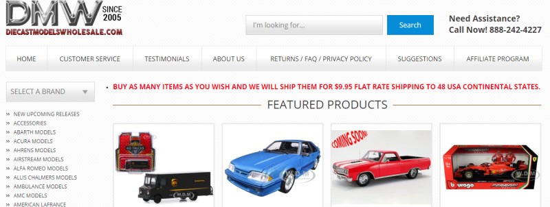 screenshot of the DMW website featuring some of their diecast model cars for sale