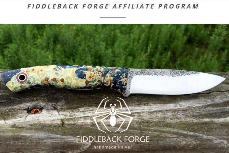 screenshot of the fiddleback forge affiliate program website showcasing one of their handmade pocket knives
