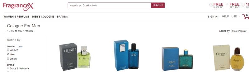 screenshot of fragrance x storefront showing a variety of mens cologne