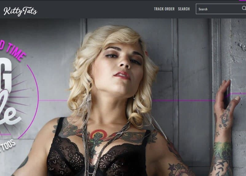 screenshot of a blond tattooed model on the Kitty Tats website