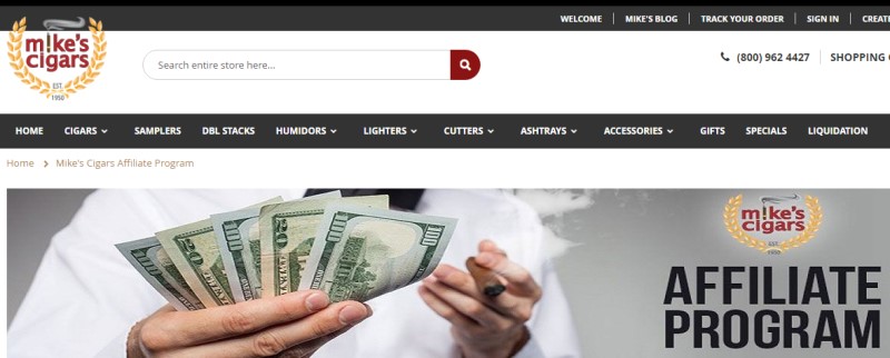 screenshot of the mike's cigar affiliate program screenshot featuring a man with a cigar and cash in hand