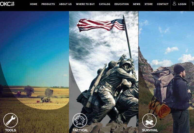 screenshot of ontario knife company website with a montage of images about their products
