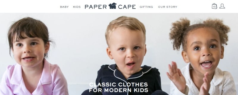 screenshot of paper cape website feature 3 children modeling their clothes