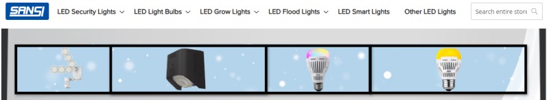 sansi website screenshot show a selection of led fixtures and bulbs