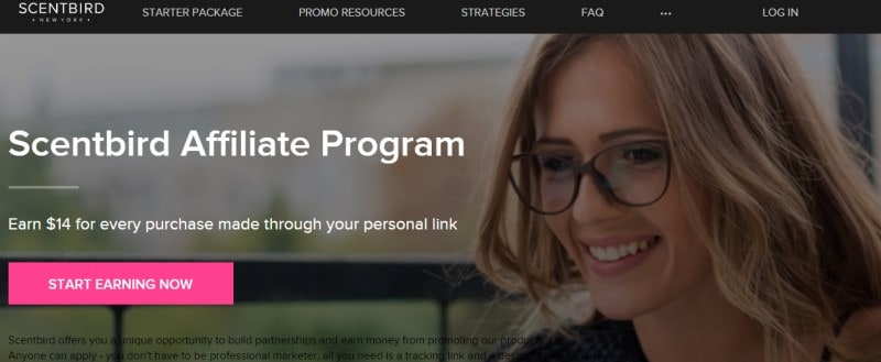 screenshot of the scentbird affiliate website featuring a smiling model in glasses
