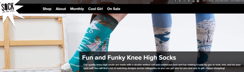 screenshot of sock it too me website featuring two pairs of colorful socks modeled by two women 