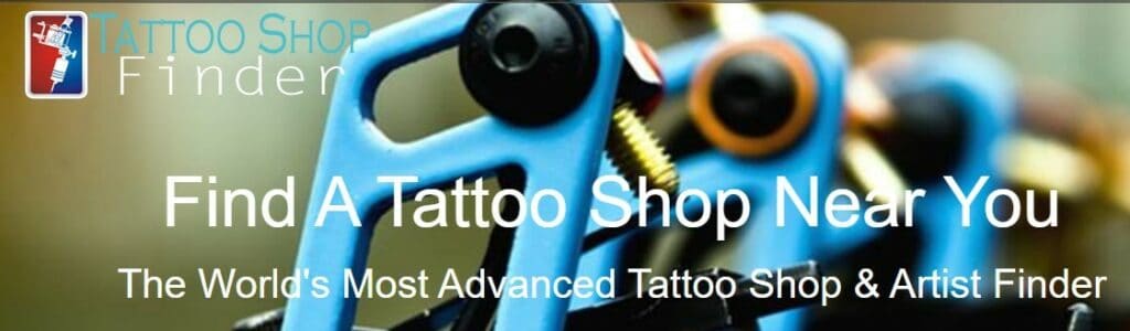 screenshot of the tattoo shop finder website featuring and image of tatto machines with the tattoo shop finder logo in the top left corner