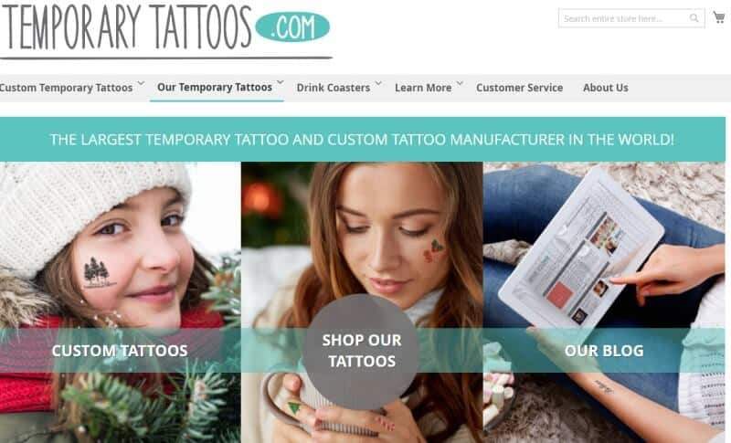 screenshot of temporary tattoos website featured images of some of their products