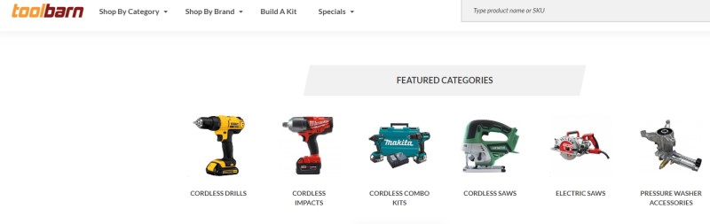 tool barn website featuring product categories