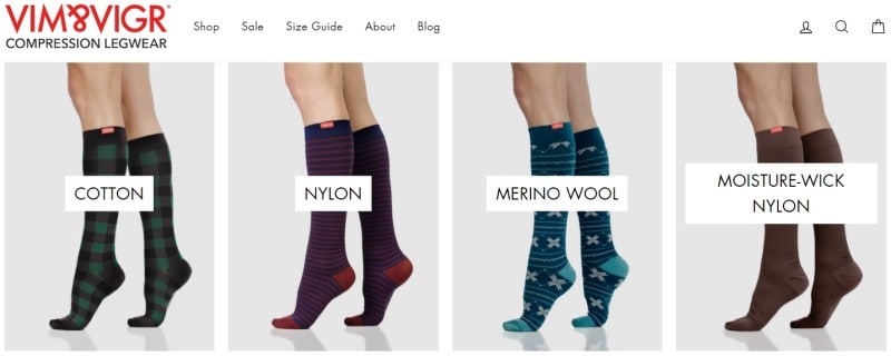 Vim&Vigr screenshot featuring 4 socks styles being worn by models