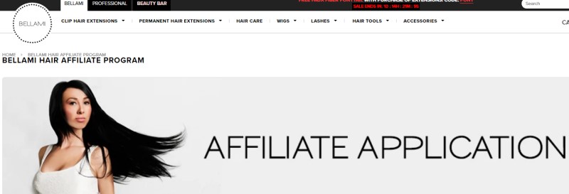 screenshot of the bellamy affiliate page featuring a woman with dark hair wearing a white tank tip