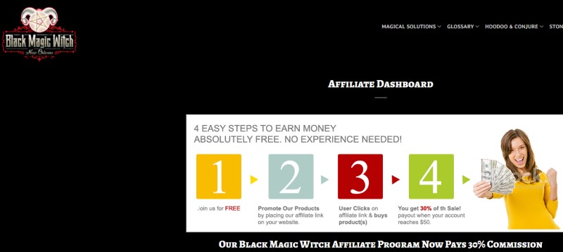 screenshot of the black magic witch affiliate webpage