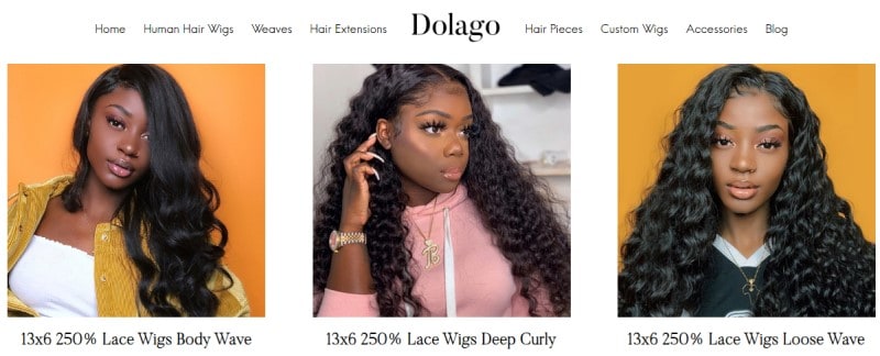 dolago screenshot featuring 3 black women modeling their wigs