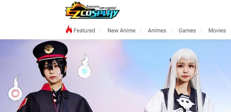 screenshot of ezcosplay website with man and woman modeling wigs and costumes of popular anime characters