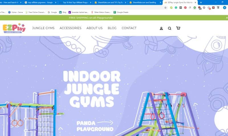 screenshot of ezplay toys website featuring indoor jungle gyms against a blue background