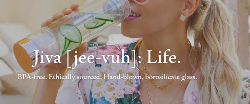 screenshot of Jiva life website with woman drinking crystal water