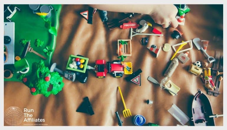 assorted toys strewn across a play area