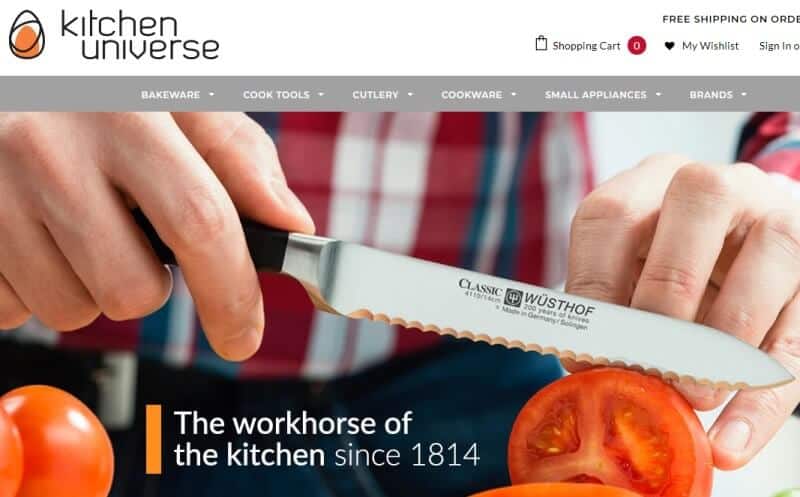 screenshot of the kitchen universe website with a man using a wusthof knife to cut a tomato