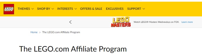 lego.com screenshot of their affiliate page