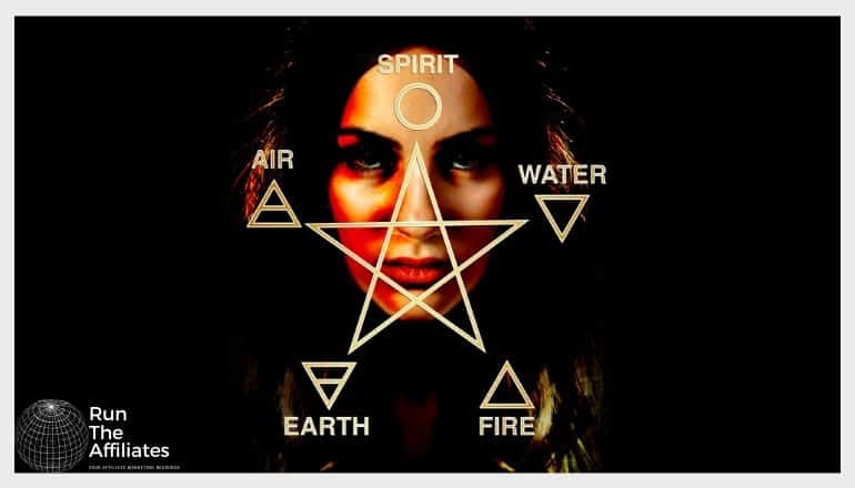 pentagram imposed over a womans face with the 5 elements at each point