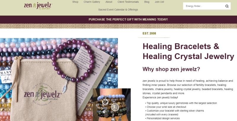 screenshot of the zen jewels website