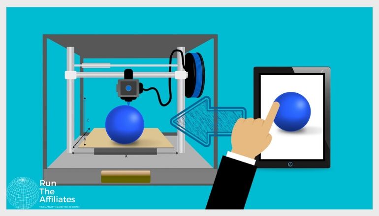 drawing of the 3d printing process using a tablet to send a scematic to the 3d printer to create a blue ball