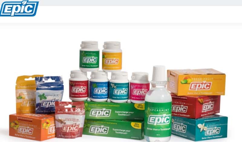 screenshot of the epic dental website featuring images of their gum and toothpaste