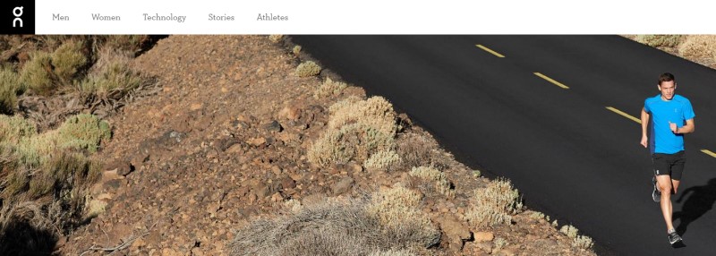 screenshot of the On Running website featuring a man in blue running down a road