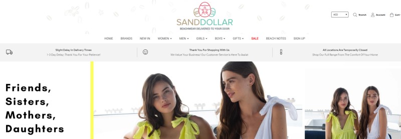 screenshot of the sand dollar swimwear website