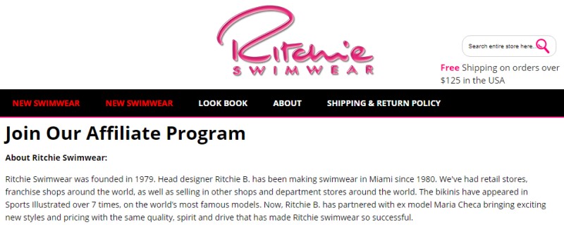 screenshot of the ritchie swimwear affiliate website