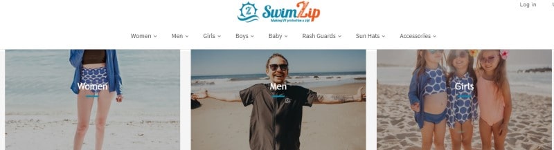 screenshot of the Swimzip website featuring images of their swimwear products