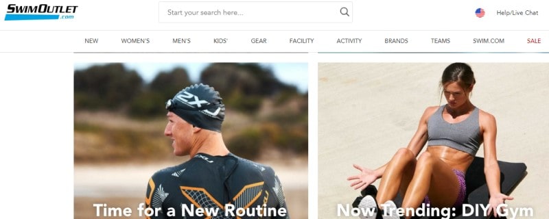 screenshot of a woman working out on the beach and a man in a wetsuit on the swimoutlet.com website
