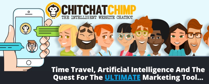 screenshot of the chit chat chimp website featuring animated people using the app